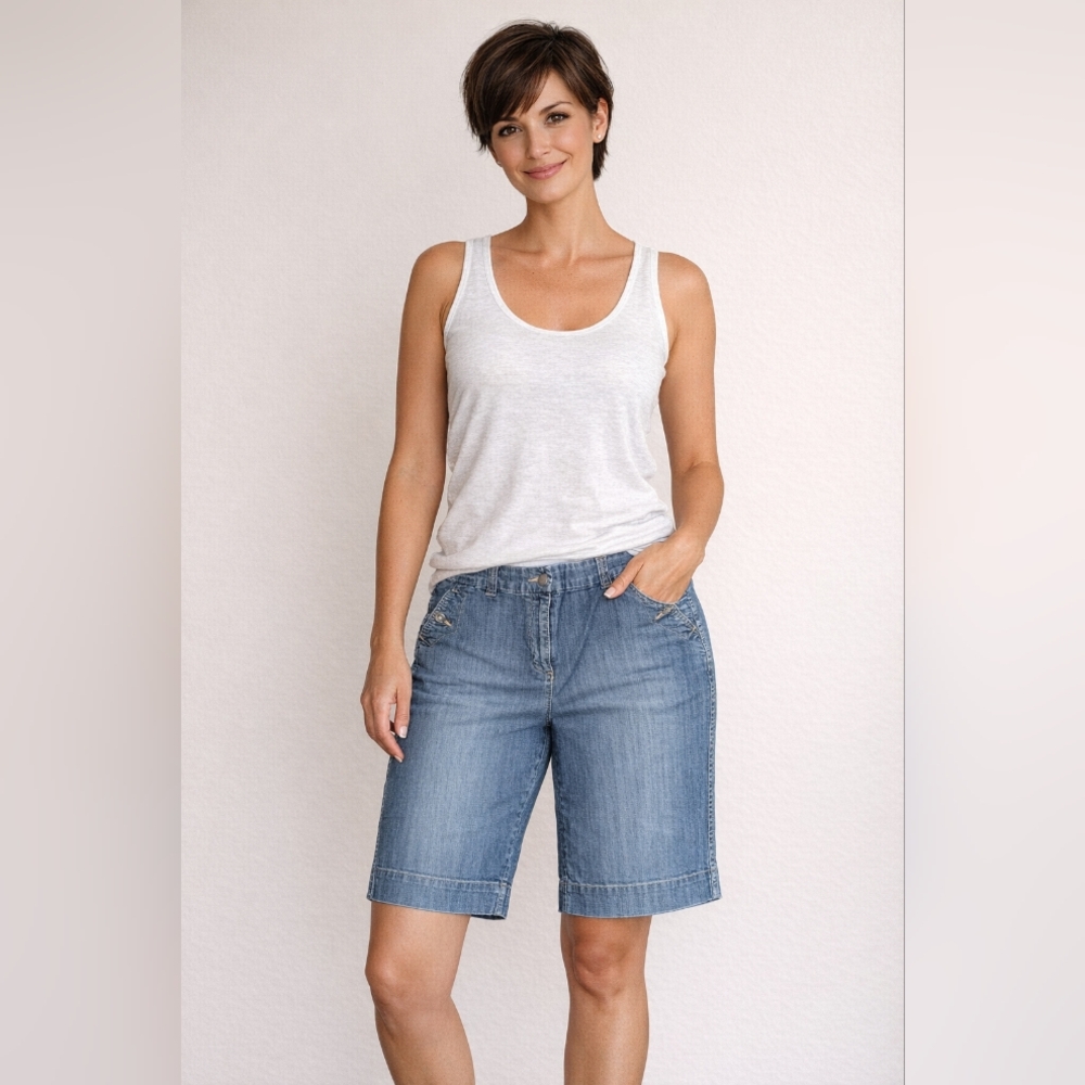 Chico's Classic Blue Denim Bermuda Jean Shorts with Button Detail - Picture 8 of 10